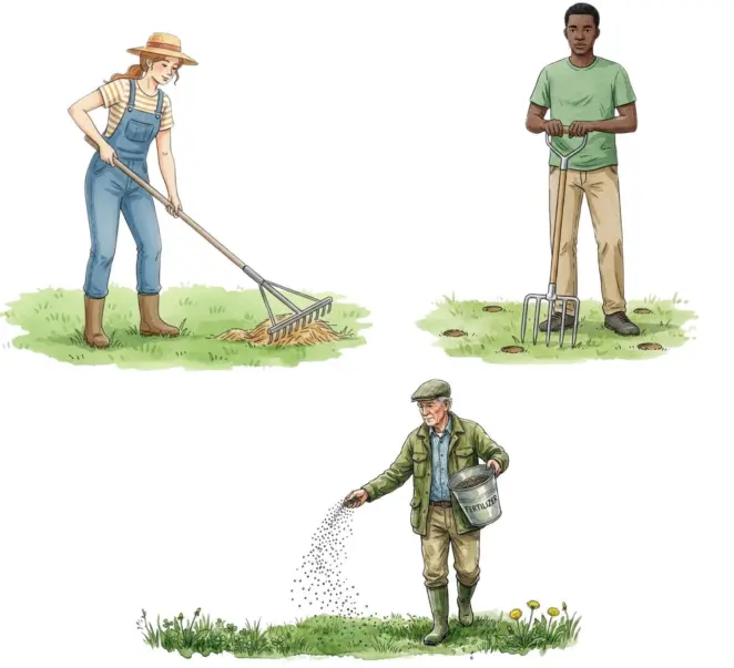 Scarifying aerating and fertilising a lawn
